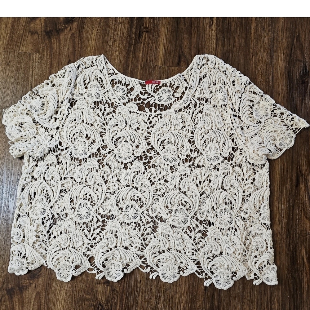 Crochet Lace Top Womens Size 2X Beige Short Sleeve Shirt Boho Festival Feminine